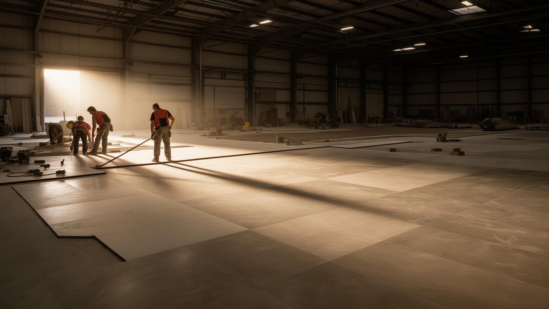 Crew installing large-format tile in a commercial warehouse